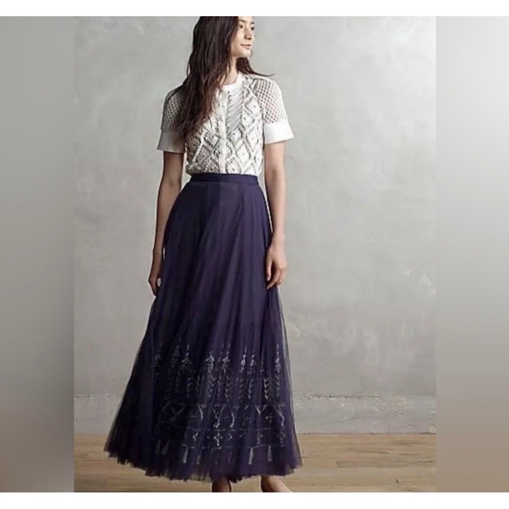Floreat Anthropologie Women's‎ Navy Tulle Embroidered Maxi Skirt Size 0 fairy